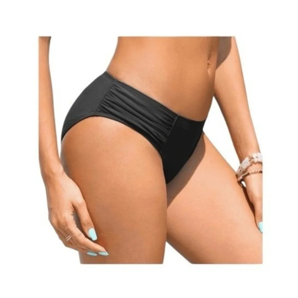 Black Ruched Bikini Bottom Low Rise Full Coverage Knit Bathing Suit‎ Swim Bottom